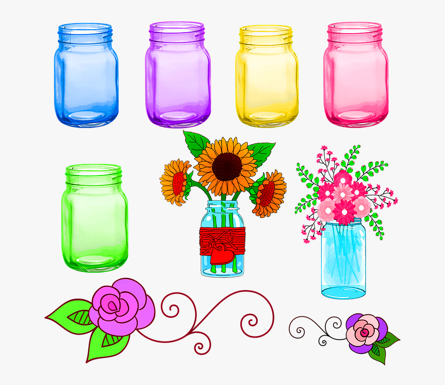 Mason Jars, Colorful, Flowers, Mason, Garden, Jar, - Mason Jar, Transparent Clipart