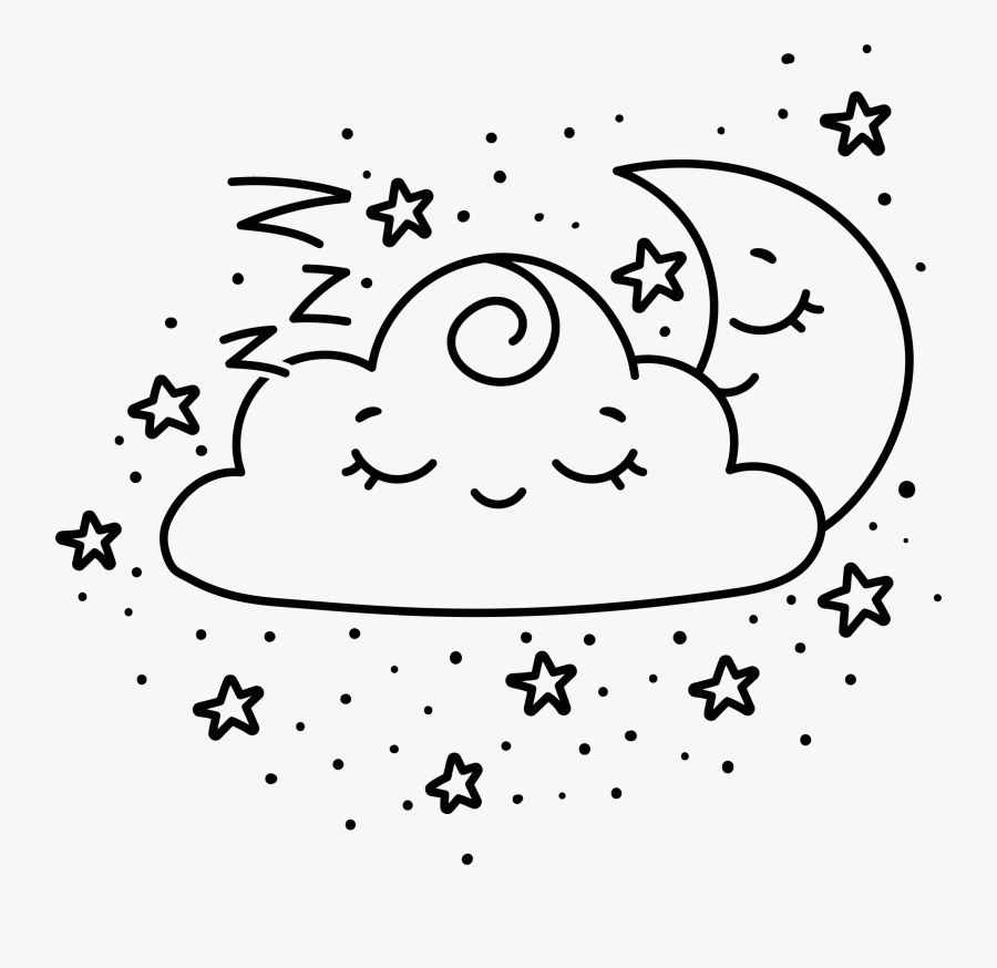 Kawaii Crescent Moon And Cloud Line Art - Bedtime Clipart Black And White, Transparent Clipart