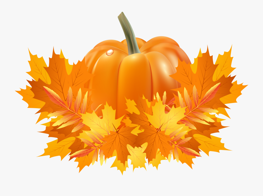 Fall Leaves And Pumpkin Decoration Png Clip Art - Pumpkin And Fall Leaves, Transparent Clipart