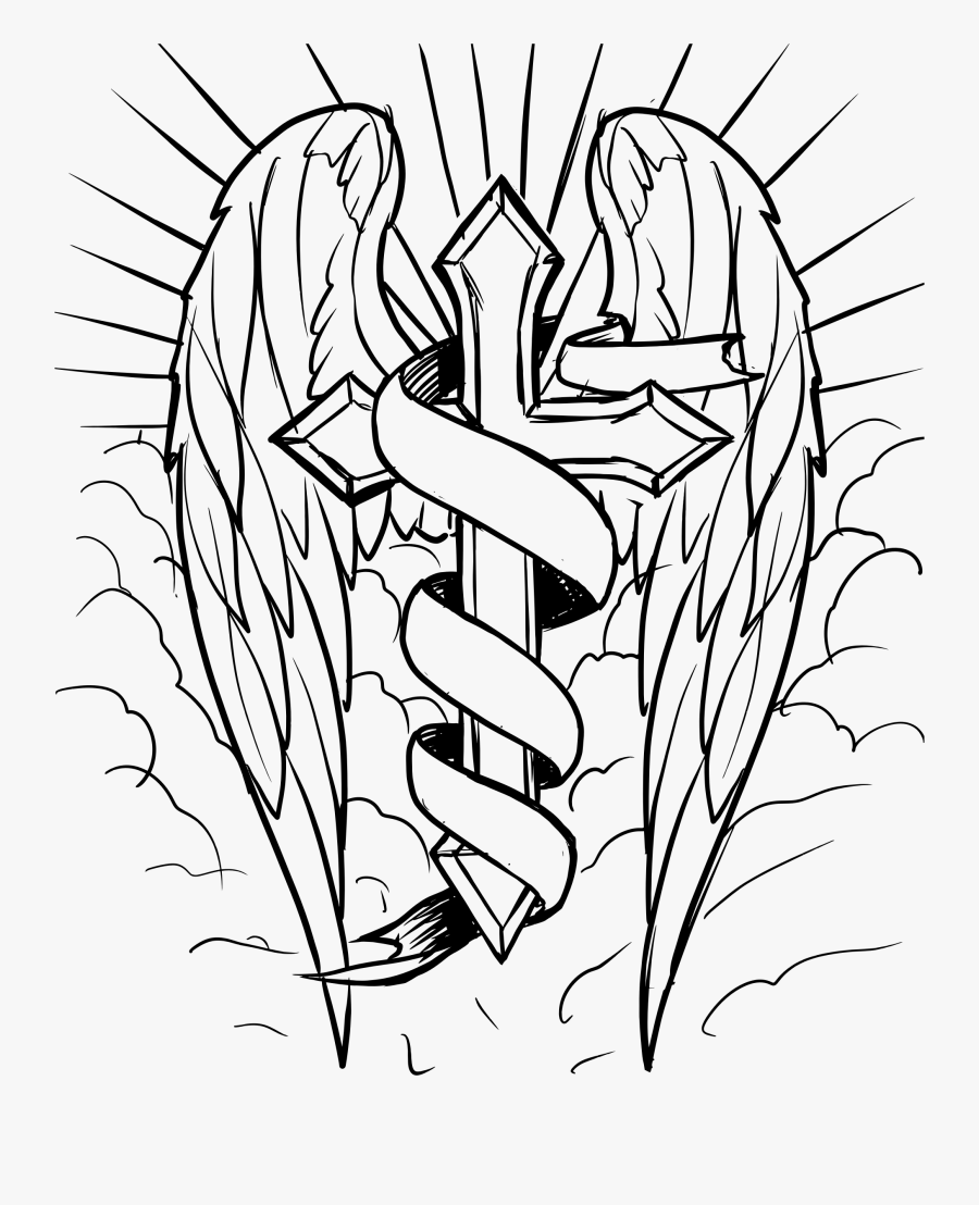 Clouds Line Drawing At Getdrawings - Cross With Wings Drawing, Transparent Clipart