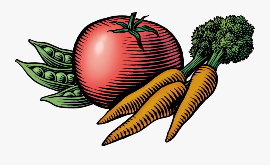 Woodcut Illustration Of Tomato, Peas, And Carrots Farmers Market