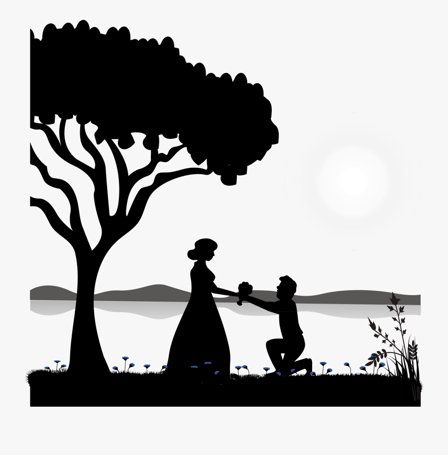 Cat Silhouette Illustration - Propose Couple Clipart Black And White, Transparent Clipart