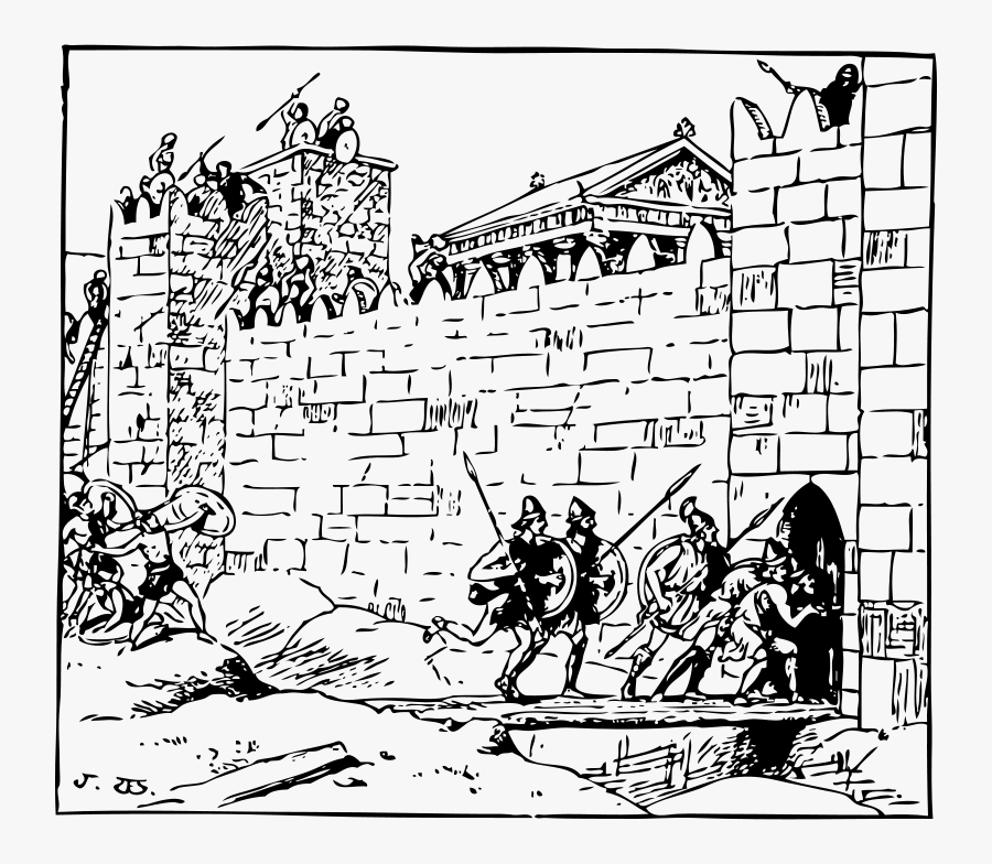 Assault On A Town - Public Domain Medieval Black And White Warfare, Transparent Clipart