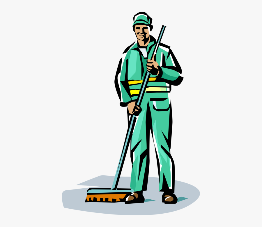 Vector Illustration Of School Janitor Custodian With - Janitor Sweeping, Transparent Clipart
