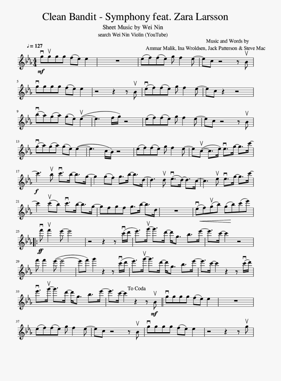 Sheet Music For Piano Symphony Clean Bandit , Png Download - Violin Sheet Music Billie Ellish, Transparent Clipart