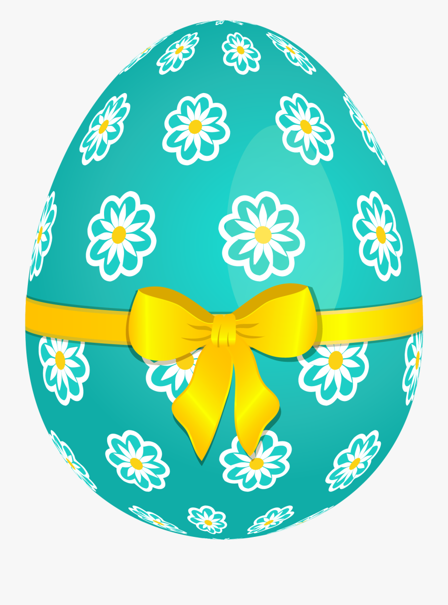 Sky Blue Easter Egg With Flowers And Yellow Bow Png - Easter Egg Png File, Transparent Clipart