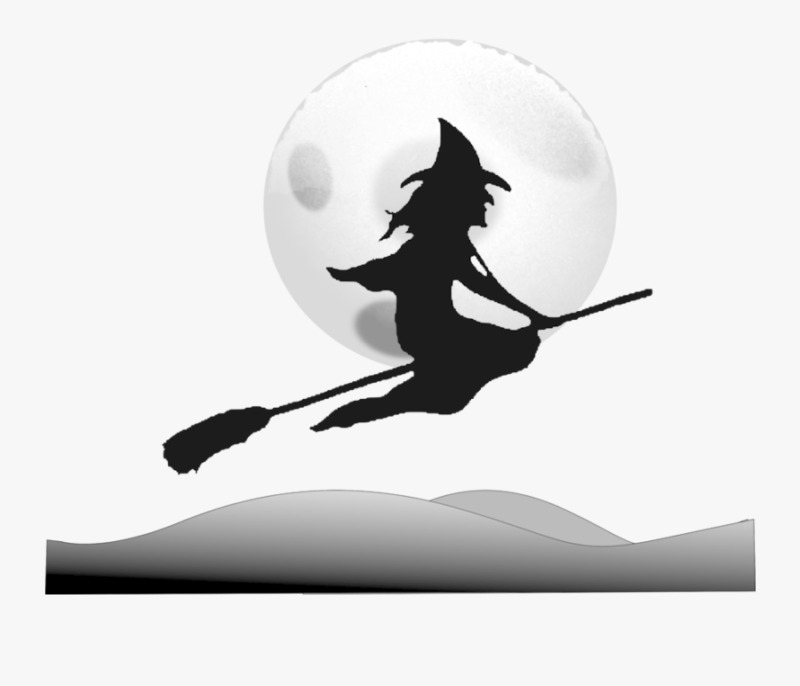 Silhouette,monochrome Photography,fictional Character - Witch Riding On A Broom, Transparent Clipart