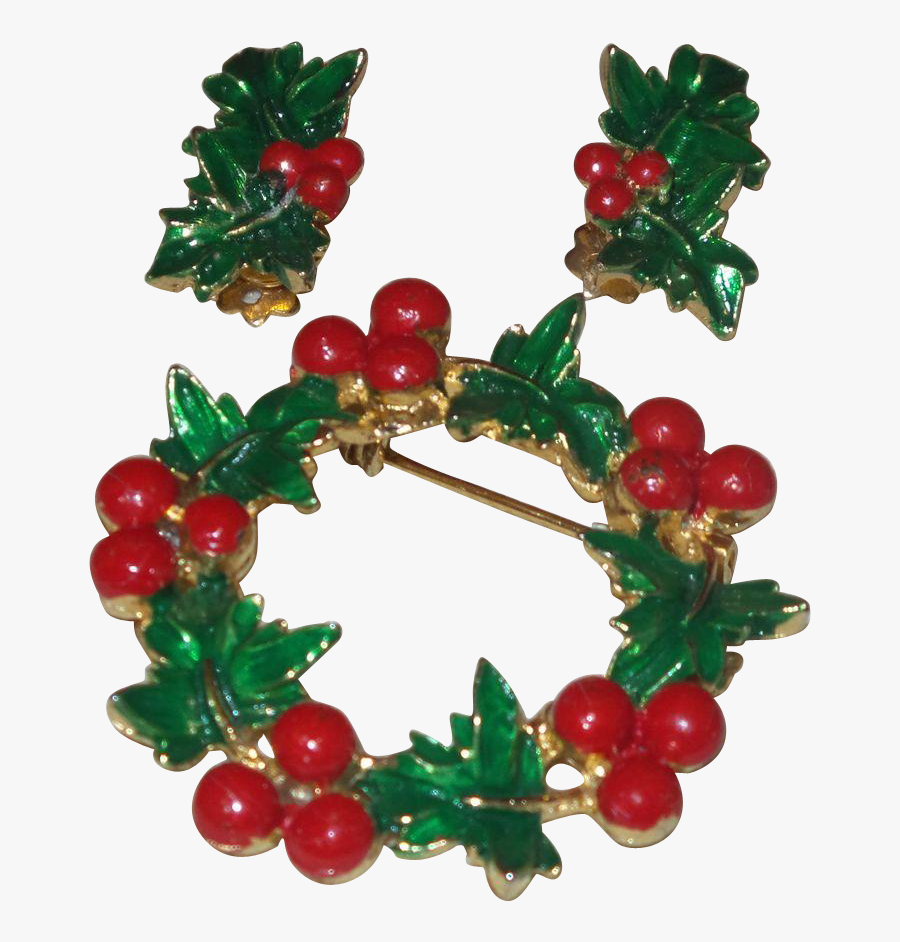 Vintage Holly Berry Wreath Brooch And Clip Earrings - Christmas Ornament, Transparent Clipart
