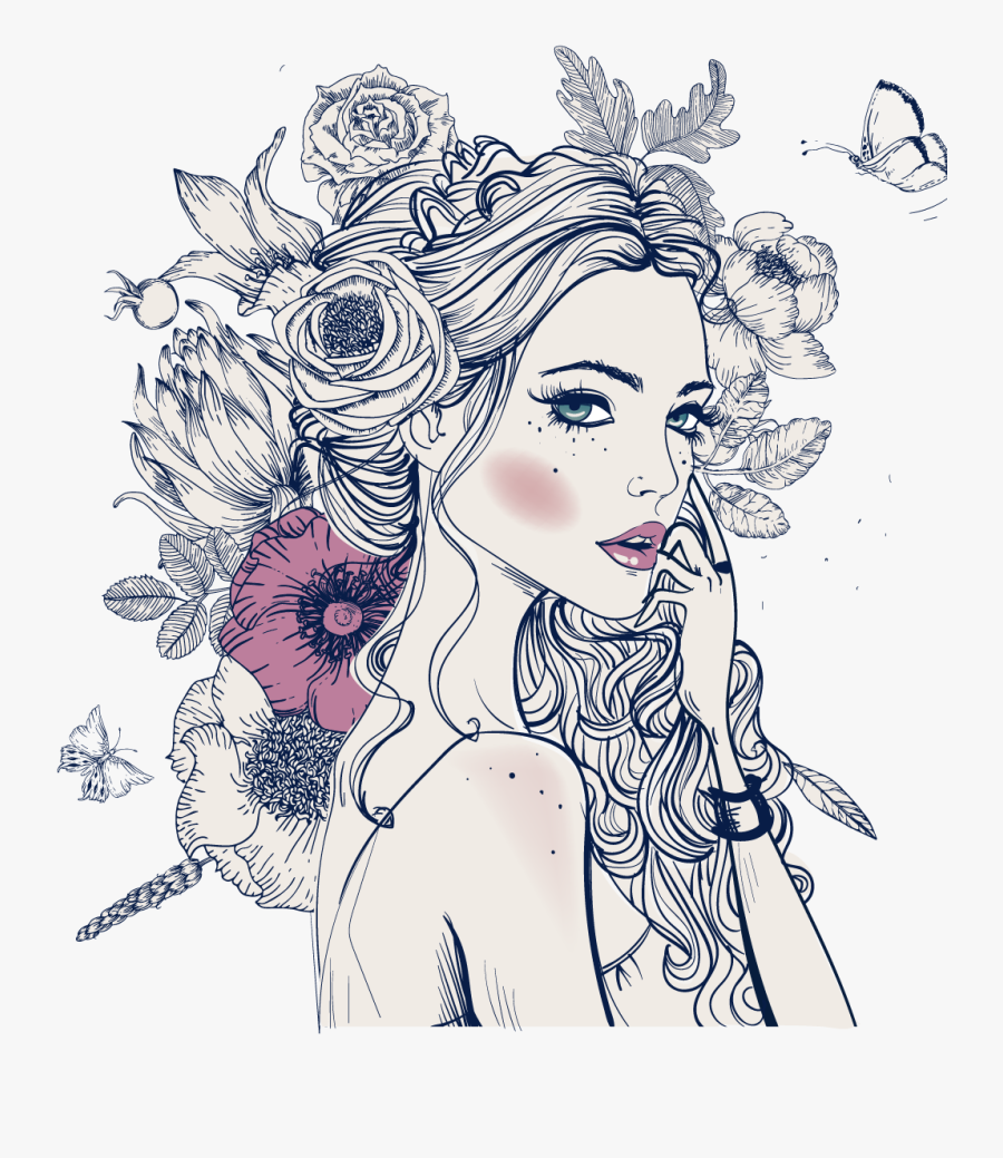 Transparent Fashion Vector Png - Women With Flowers Drawing, Transparent Clipart