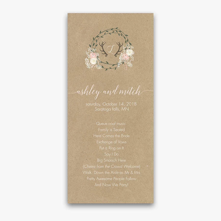 Floral Wreath And Antler Kraft Wedding Ceremony Program - Sand Dollar, Transparent Clipart