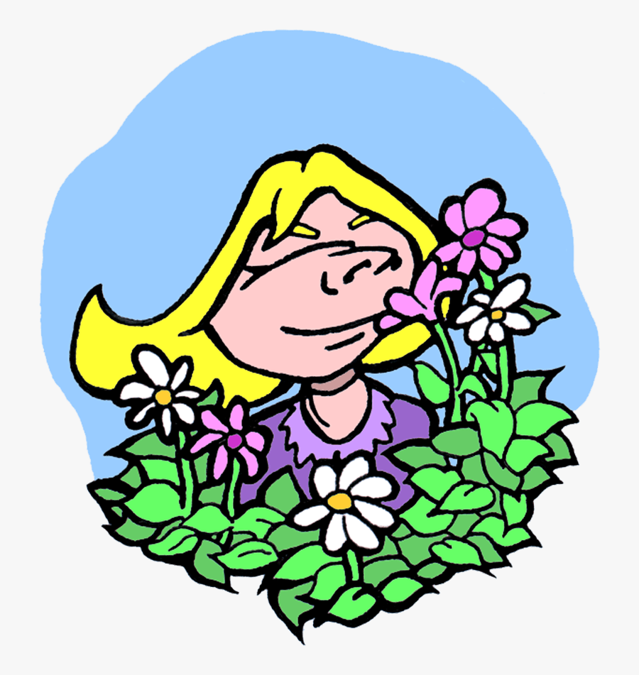 Drawing Of Blond Girl Smelling Pink And White Flowers, Transparent Clipart
