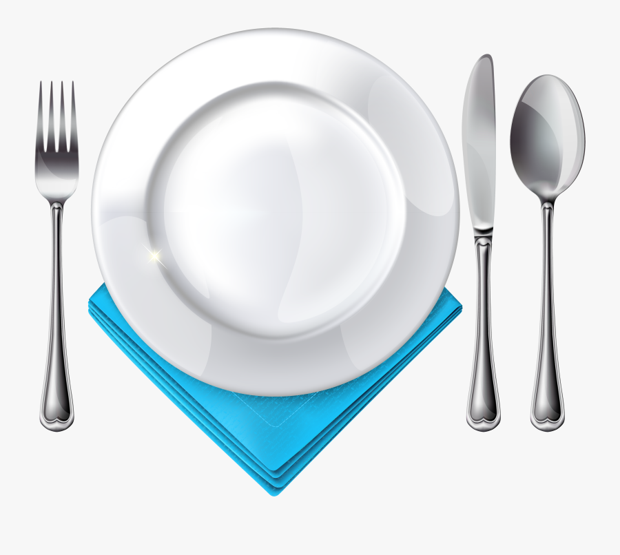 Plate Spoon Knife Fork And Blue Napkin Png Clipart - Plate Spoon And Fork, Transparent Clipart
