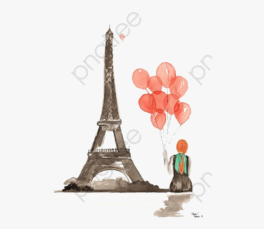 Eiffel Tower, Creative Tower, Paris, Hand Painted Eiffel - Watercolor Girl With Balloons, Transparent Clipart