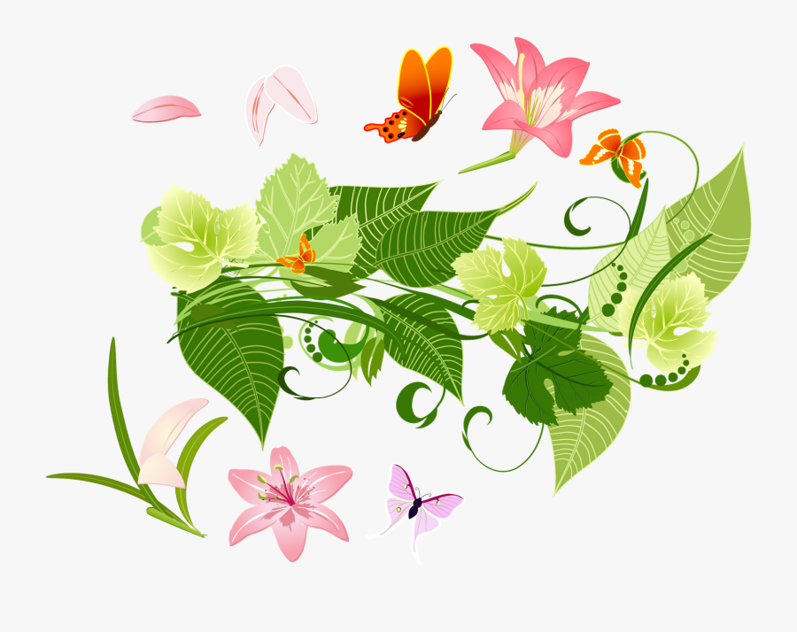 Pc Rec, Flowers, Water, Butterfly, For Mobile Picture - Flowers And Leaves Png, Transparent Clipart