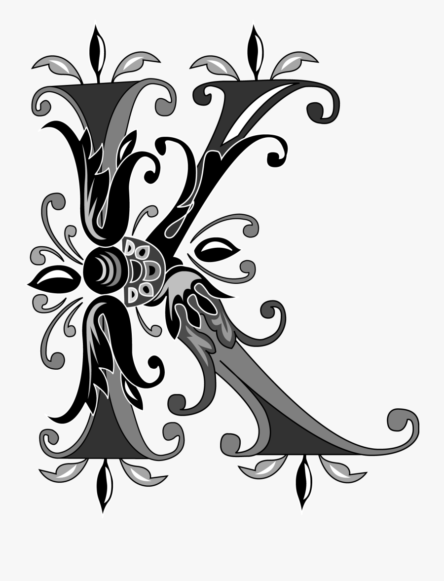 Foliage English Alphabet, Letter K, Black And White - English Letter Design R, Transparent Clipart