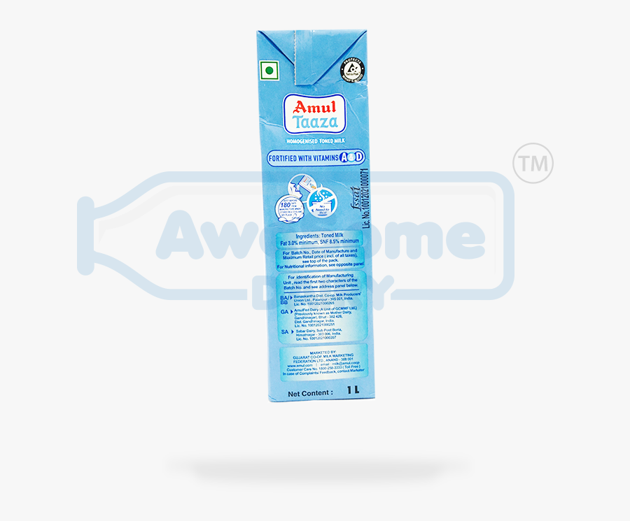 Awesome Dairy Amul Taaza Toned Milk 1 Liter - Amul Vitamin D Fortified Milk, Transparent Clipart