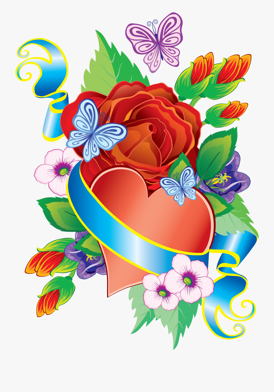 Heart And Flowers Png Decorative Element - Heart And Flower Images Png, Transparent Clipart