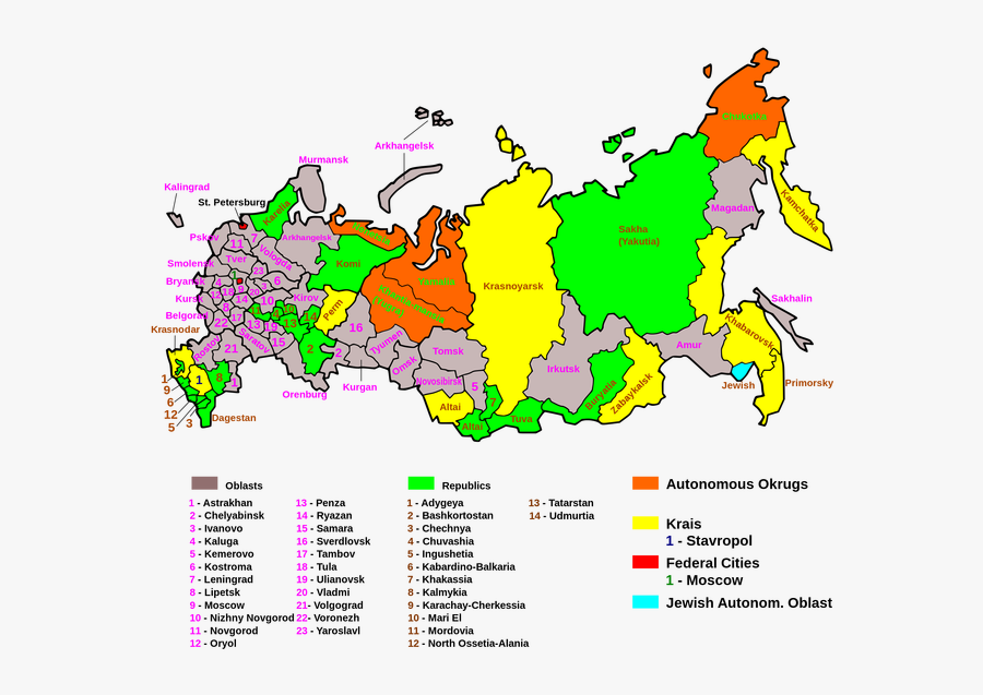 Clip Art Political Map Of Russia - Russian Regions, Transparent Clipart