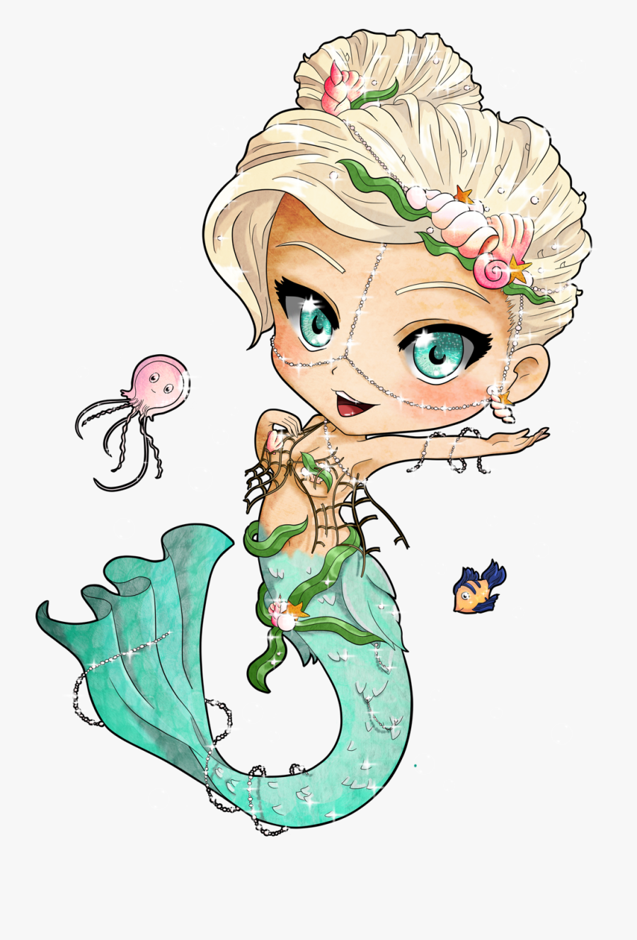 #mermaid #genie #glitter #bubbles #kawaii - Mermaid Chibi, Transparent Clipart