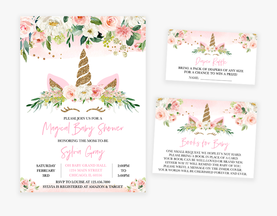 Blush Pink Floral Unicorn Baby Shower Invitation Pack - Unicorn Gold Welcome Sign, Transparent Clipart