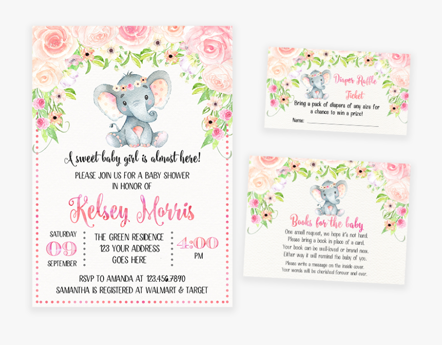 Blush Pink Floral Elephant Baby Shower Invitation Pack - Elephant Baby Shower Invitations Printable Free, Transparent Clipart