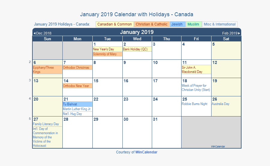 January 2019 Calendar With Holidays Canada - February 2020 Calendar With Holidays, Transparent Clipart