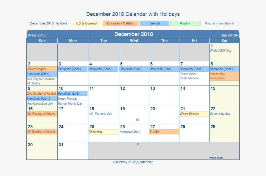 Calendar For December 2018 Usa - December Calendar With Holidays, Transparent Clipart