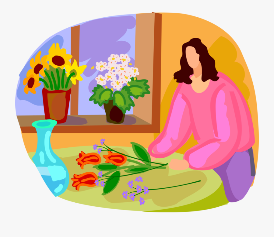 Vector Illustration Of Florist Woman Arranging Flowers - Illustration, Transparent Clipart