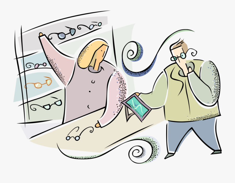 Vector Illustration Of Man Buying Prescription Eyeglasses - Cartoon, Transparent Clipart