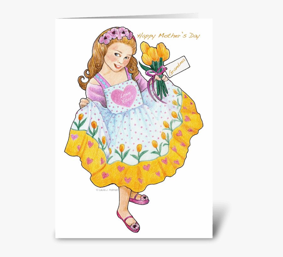 Grandma Mother"s Day Girl With Tulips Greeting Card - Illustration, Transparent Clipart