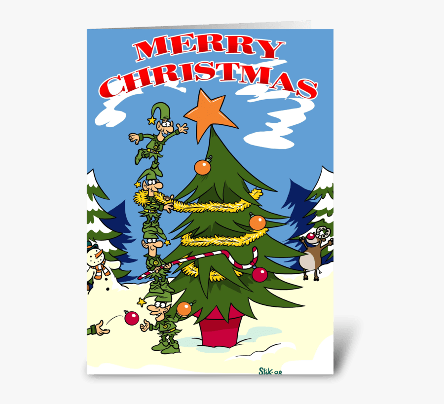 Elves Decorating A Christmas Tree Greeting Card - Christmas Tree, Transparent Clipart