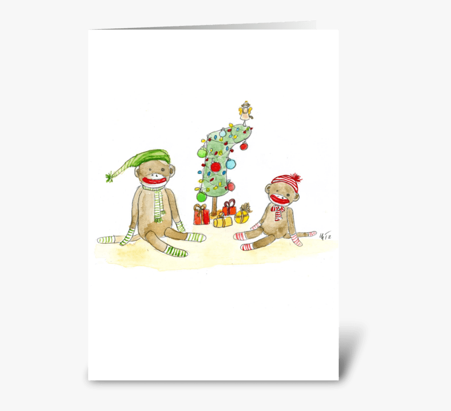 Sock Monkey Christmas Greeting Card - Cartoon, Transparent Clipart