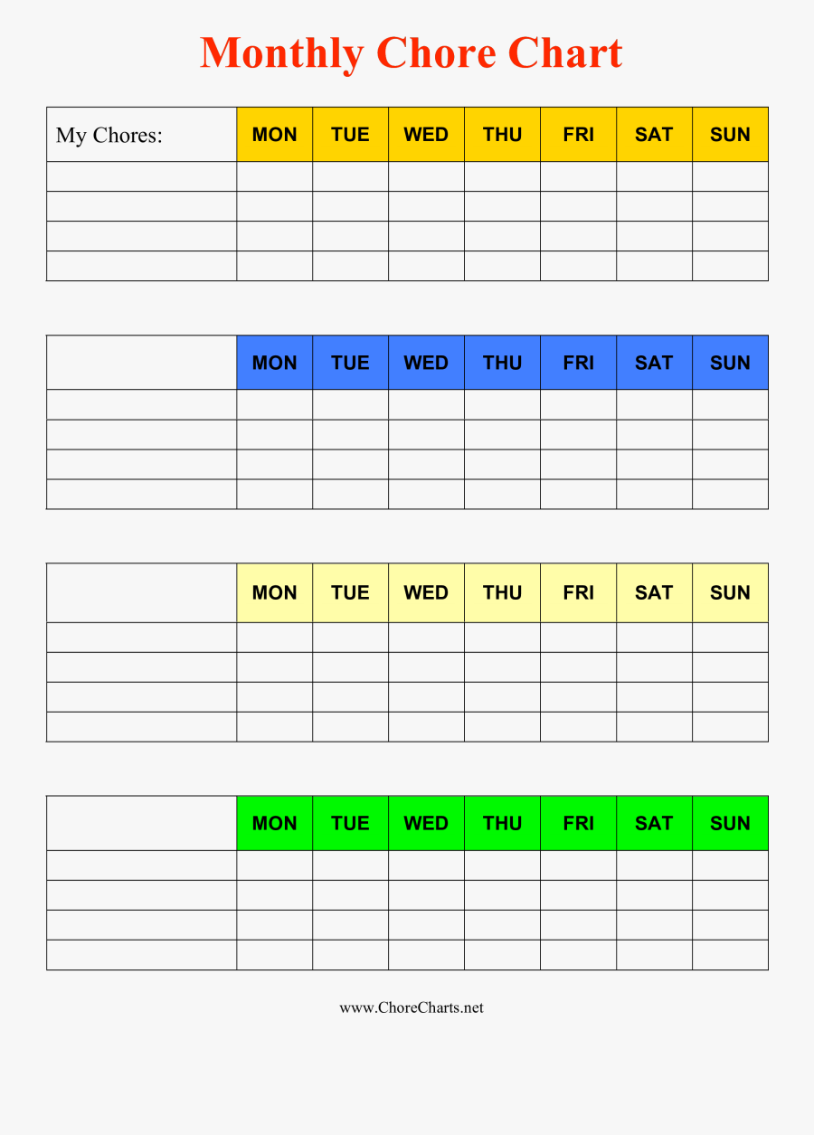 Clip Art Free Printable Monthly Templates - Printable Monthly Chore Chart Template, Transparent Clipart