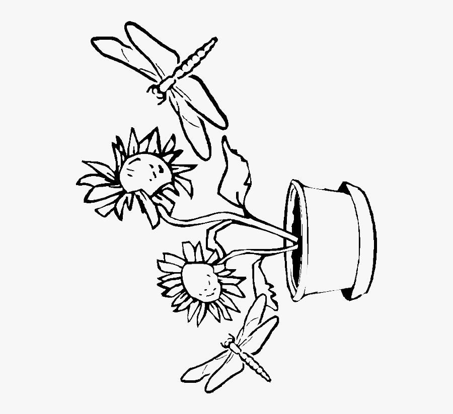 Dragonflies And Sunflowers Coloring For Kids - Coloring Book, Transparent Clipart