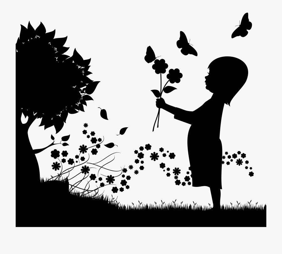 Girl With Flowers Floral Scene Silhouette - Girl Holding Flower Silhouette, Transparent Clipart