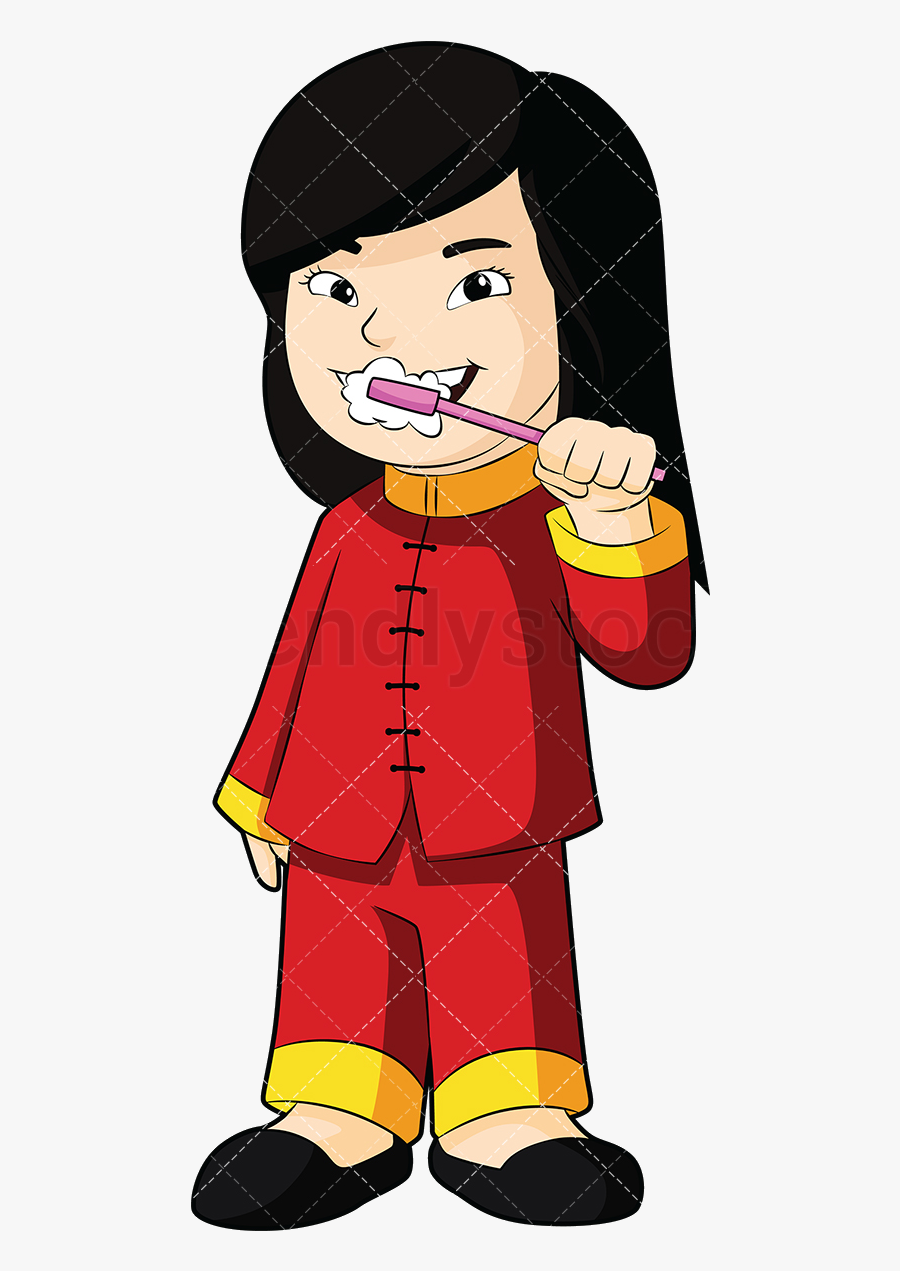 Brush Teeth Asian Girl Brushing Her Vector Cartoon - Asian Cartoon Girl Png, Transparent Clipart