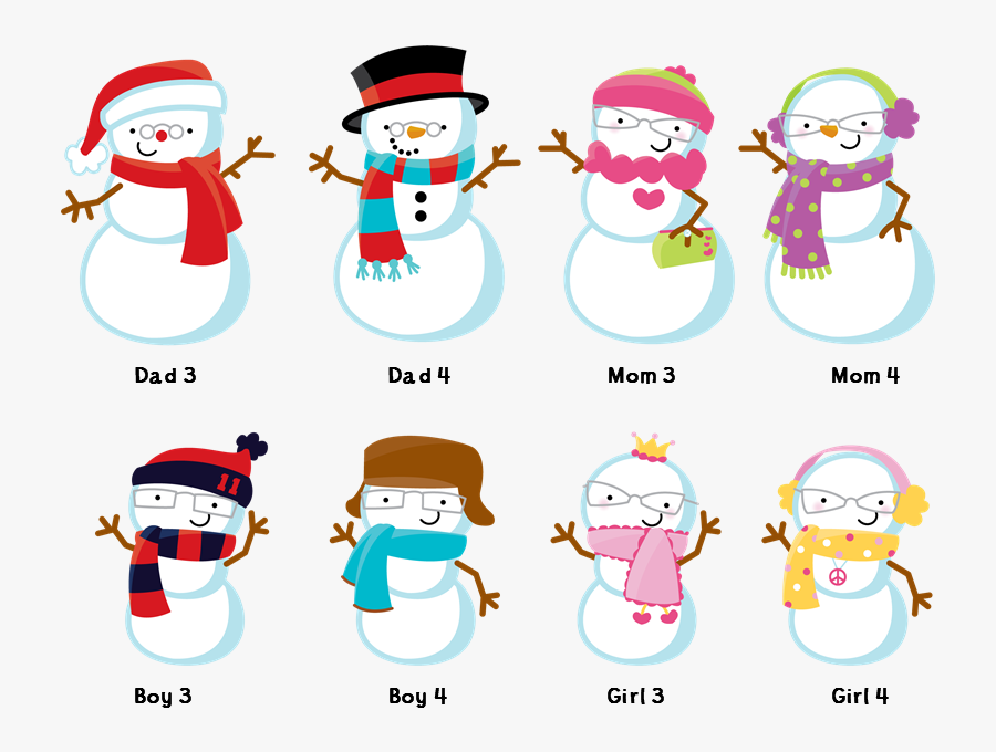 Snowman Family With Snowflakes - Christmas Snowman Family Clipart, Transparent Clipart