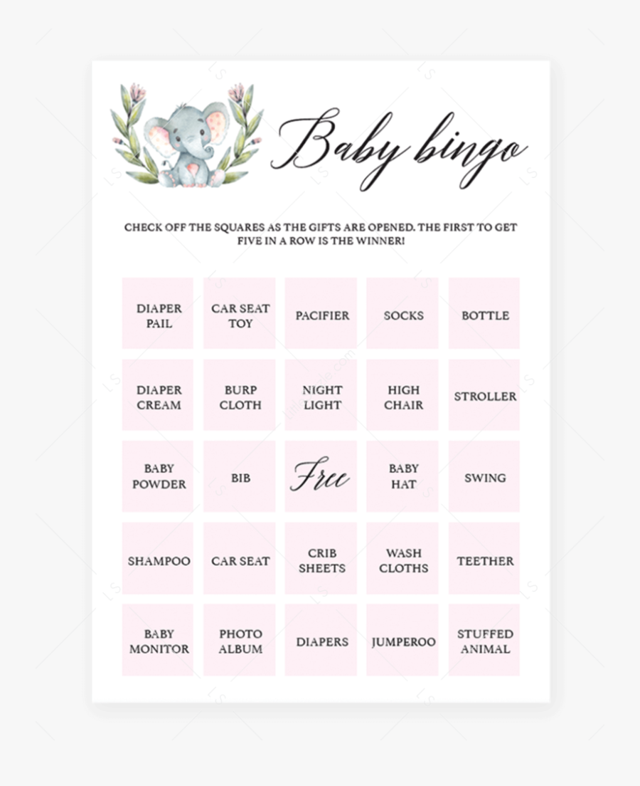 Pink Elephant Shower Baby Bingo Cards By Littlesizzle - Paper, Transparent Clipart