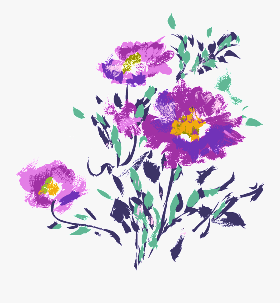 Romantic Purple Flowers Hand Drawn Chrysanthemum Decorative - 水墨画 花卉, Transparent Clipart