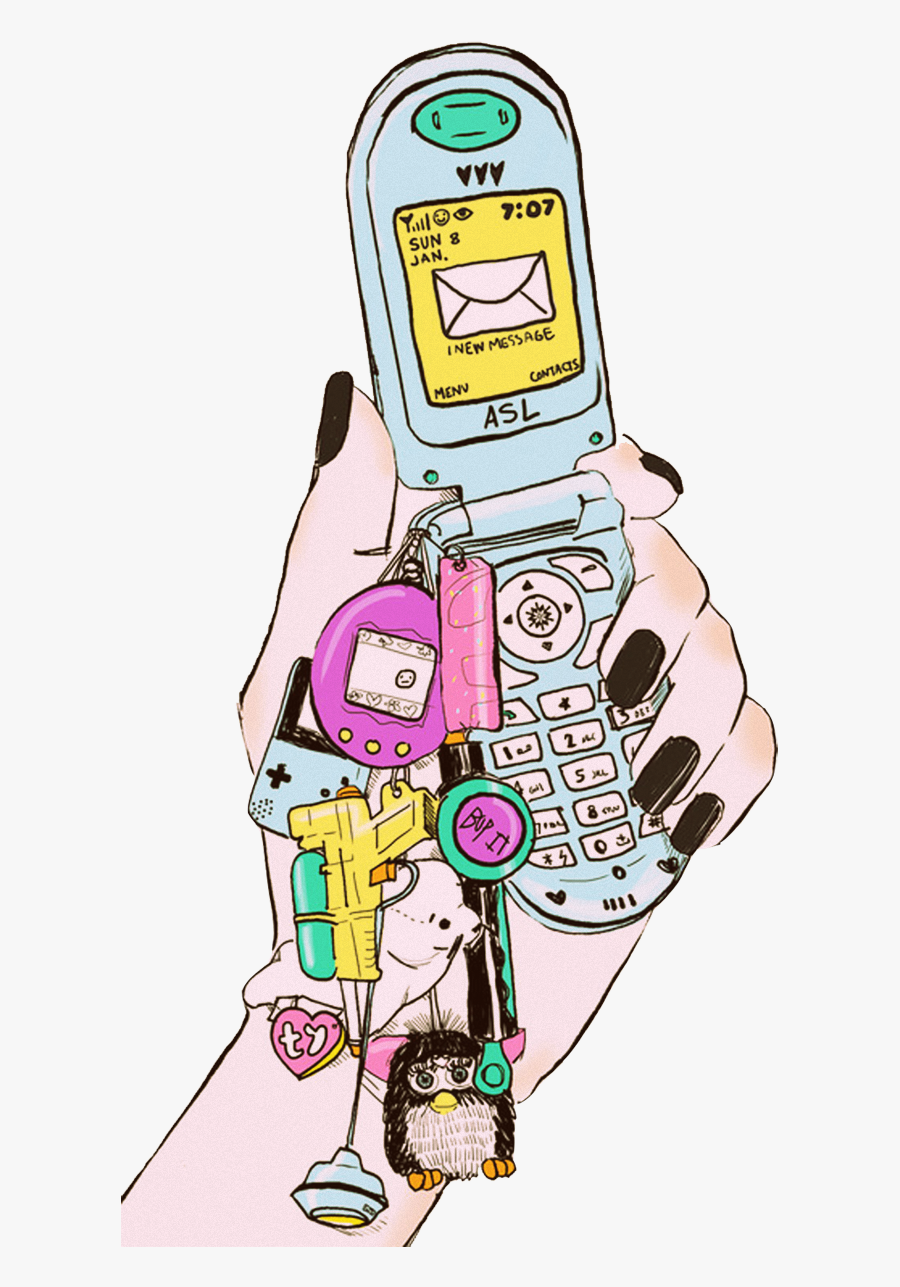 #90s #90sgirl #phone #nails #tamagotchi #gameboy #girl - Cell Phone Tumblr Art, Transparent Clipart