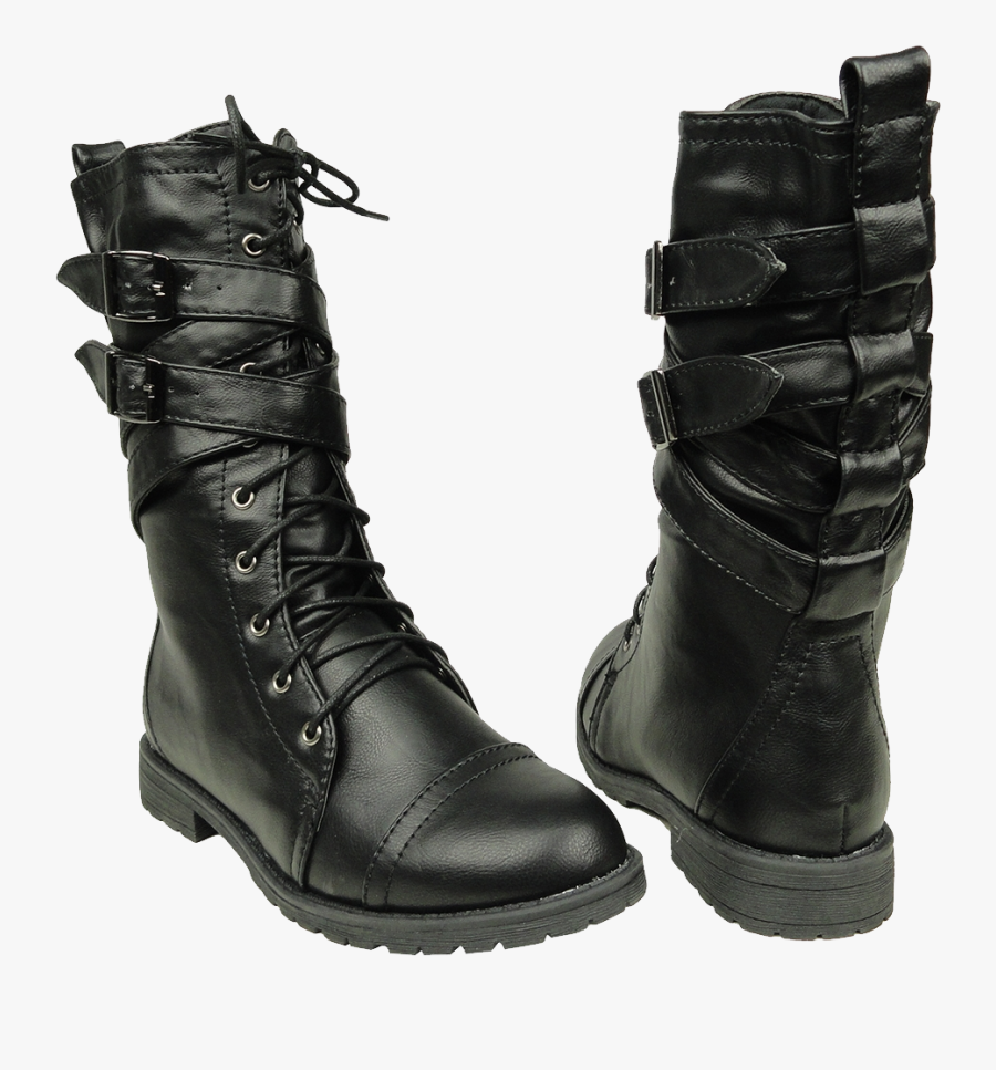 Women"s Mid Calf Cross Strap Buckle Combat Boots Png - Black Combat Boots Transparent Background, Transparent Clipart