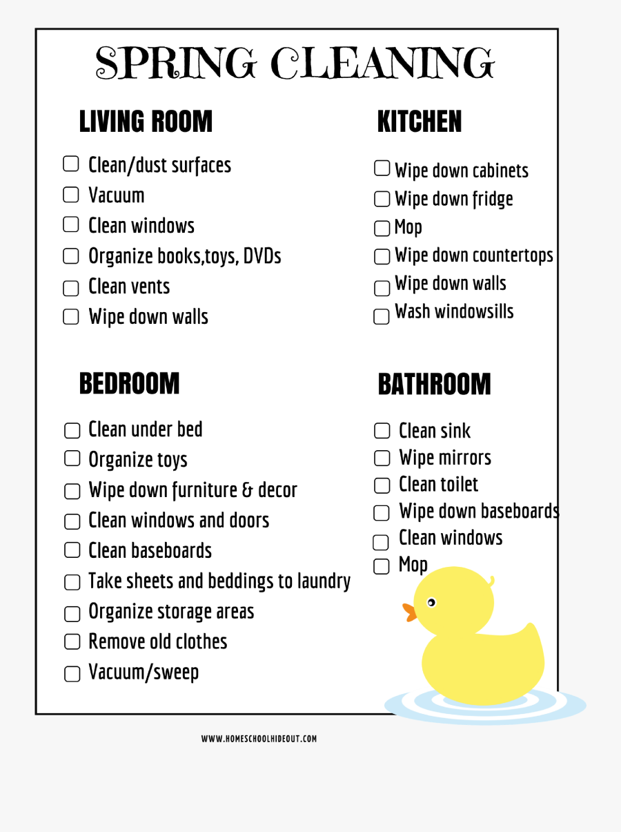 Free Spring Cleaning Checklist For Kids Pocket Occupational - Duck, Transparent Clipart