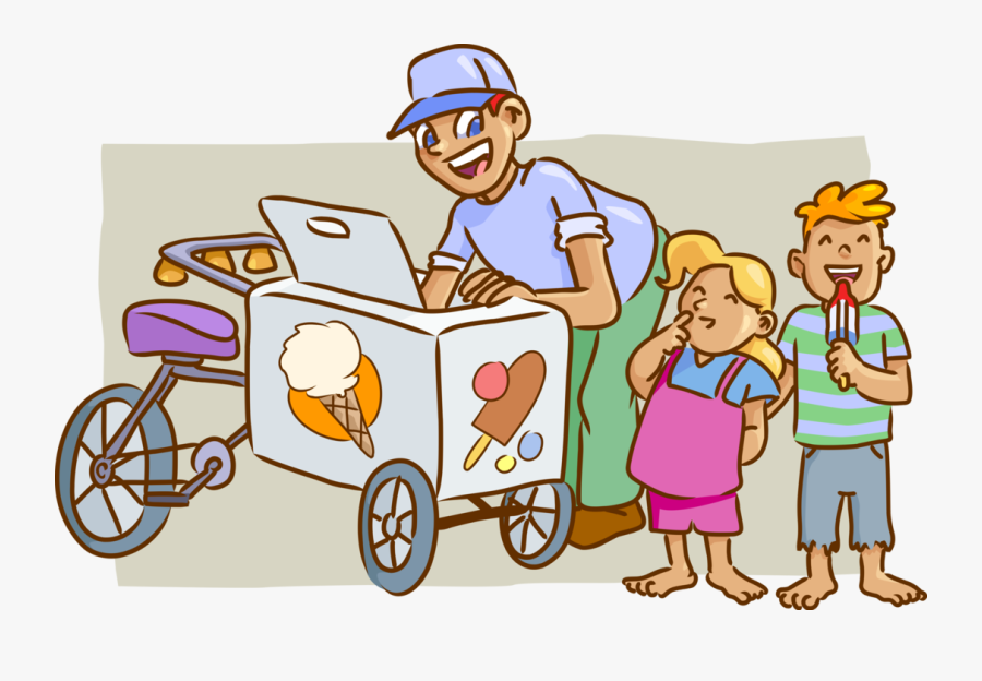 Vector Illustration Of Gelato Ice Cream Bicycle Vendor - Ice Cream Vendor Cartoon, Transparent Clipart