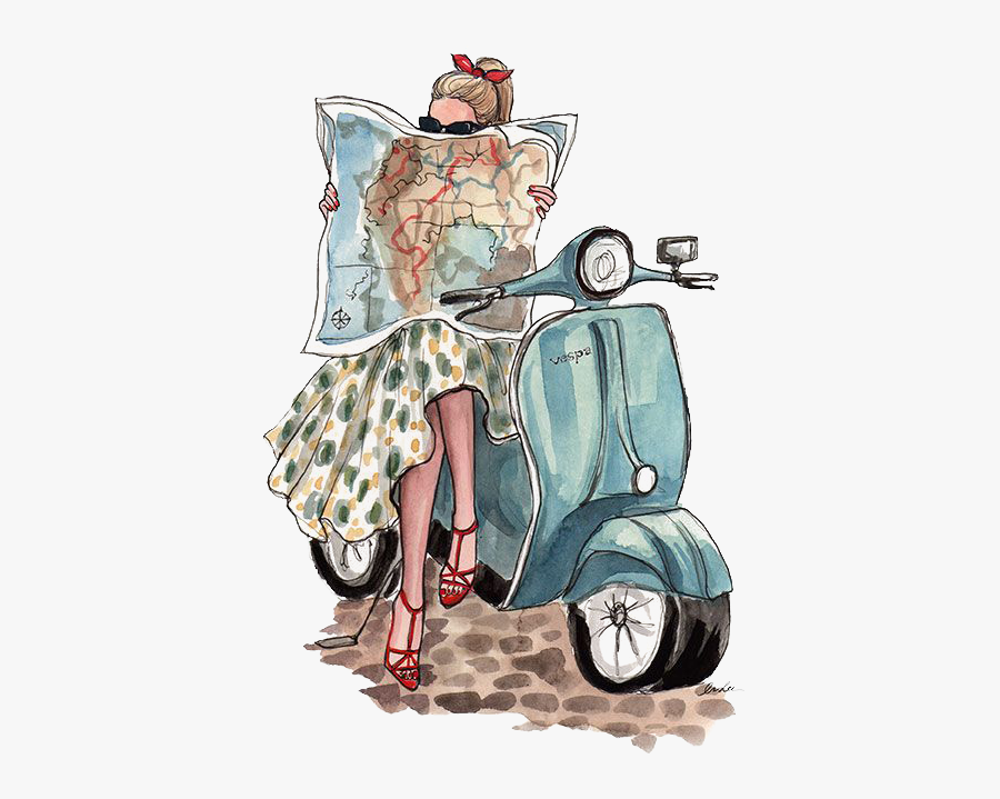 Week Fashion Paris Travel Illustration Free Clipart - Girl On A Vespa Illustration, Transparent Clipart