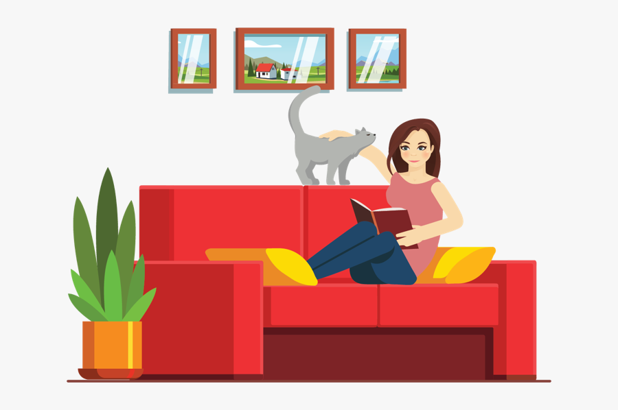 Girl And Her Cat On A Couch Illustration, Transparent Clipart