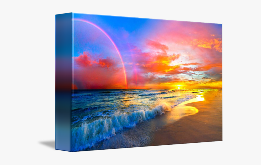 Drawn Sunset Ocean View Sunset - Pink Sunset Beach With Rainbow And Ocean, Transparent Clipart