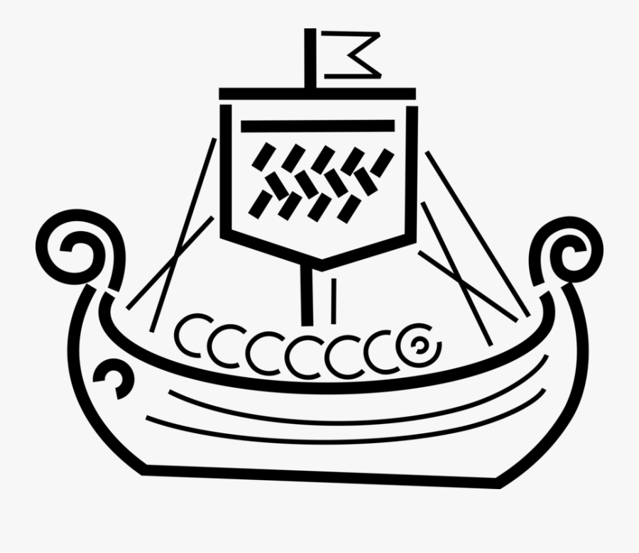 Vector Illustration Of Nordic Viking Ship With Dragon"s - Line Art, Transparent Clipart