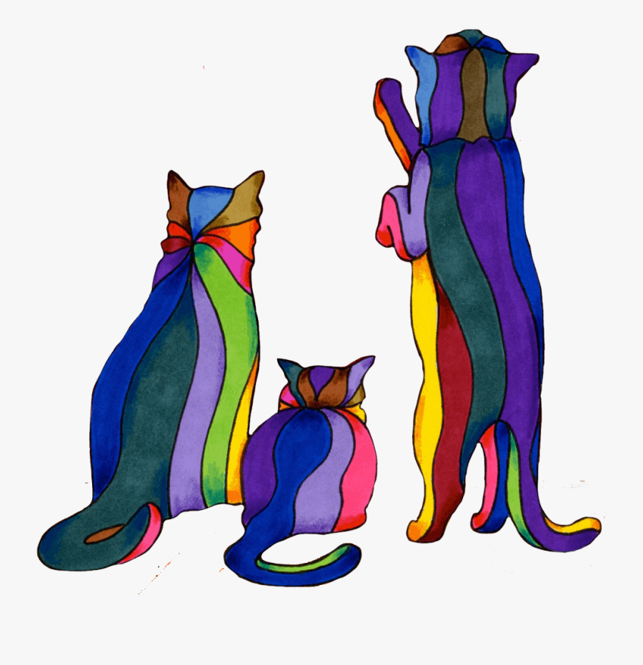 Painting Of Three Colorful Curious Cats With Stripes - Painting Cats Cartoon, Transparent Clipart