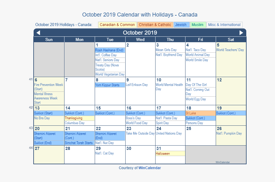October 2019 Calendar Canada - July 2019 Holiday Calendar, Transparent Clipart