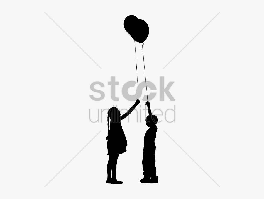 Silhouette Of Kids Playing With Balloon Vector Image - Girl With Balloons Black Png, Transparent Clipart